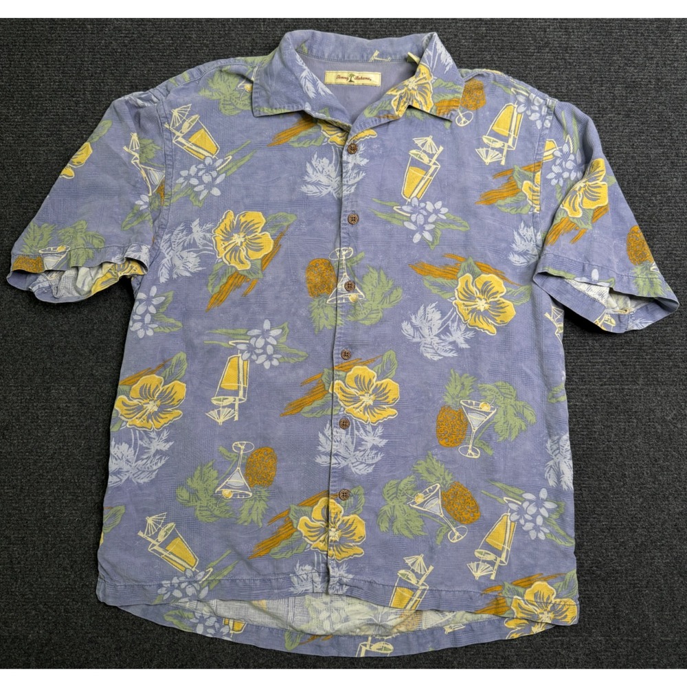 Tommy Bahama Mens L Blue Silk Tropical Cocktail Floral Camp Shirt Short Sleeve